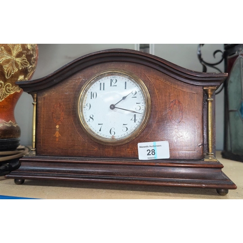 28 - An Edwardian inlaid enamel dial mantel clock and two brass jam pans