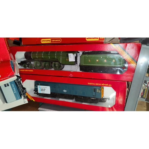 307 - Two Hornby 00 locos in original boxes; a Royal Mail coach, boxed; 2 transformers and accessories