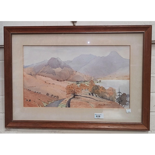 618 - John Birney: 'Crummock Water' (October) watercolour of a Lake District Scene, 26 x 44cm, framed and ... 