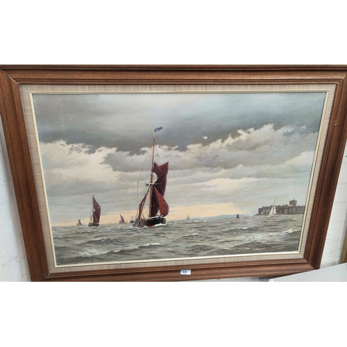 628 - Roger Fisher:  Coastal seascape with sailing barges and harbour wall, oil on canvas, signed, 60 x 90... 