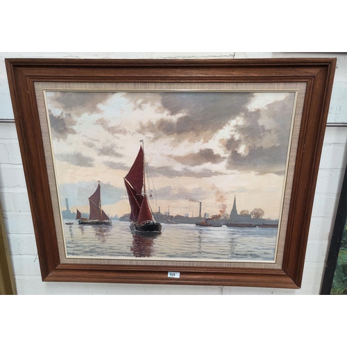 629 - Roger Fisher:  Sailing barges on the Thames, oil on canvas, signed, 52 x 67 cm, framed