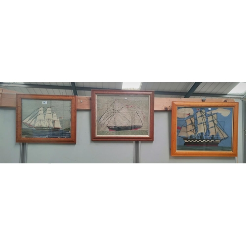 64 - 3 x 19th century sailor's needlework pictures depicting sailing ships, framed and glazed. One with s... 