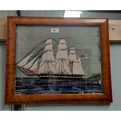 64 - 3 x 19th century sailor's needlework pictures depicting sailing ships, framed and glazed. One with s... 