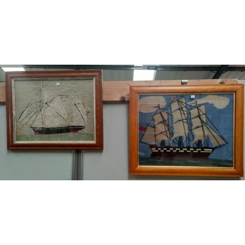 64 - 3 x 19th century sailor's needlework pictures depicting sailing ships, framed and glazed. One with s... 