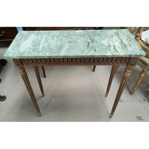 706 - A period style gilt side table with marble top; a nest of trio tables with leather tops