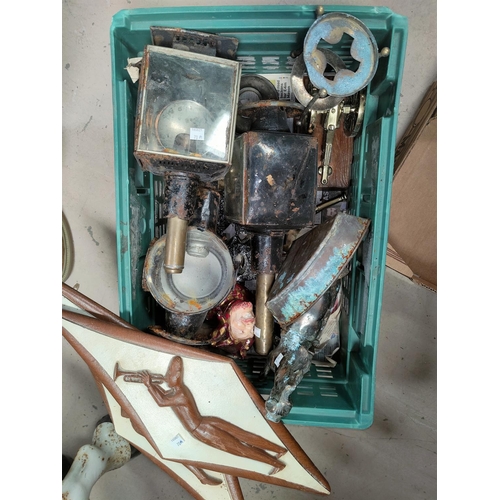 70a - Three antique coach lamps (rusted); a bronzed horse; metalware; 2 'Age of Jazz' wall plaques