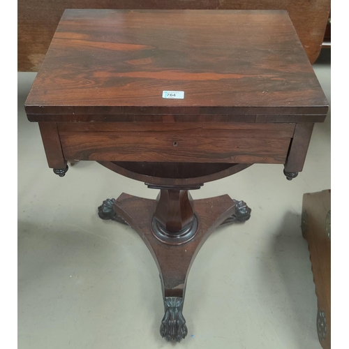 764 - A 19th century rose wood fold out writing table with fitted drawer beneath, U shaped support with ca... 