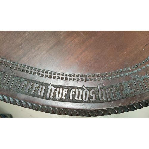 781 - An early to mid 1800's oval mahogany table top in 3 pieces with a very long hand carved saying to ou... 