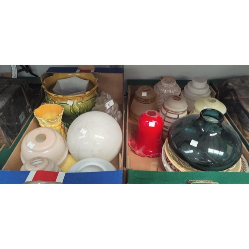 8 - A frosted flame glass shade, a selection of other vintage shades, glass and pottery