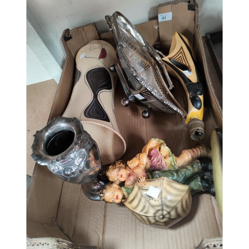 82 - 3 boxes of collectables including a 1950's lamp modelled as a nude lady, similar period vase, 1930's... 