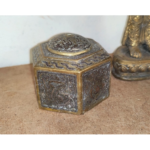 88 - Far Eastern brass hexagonal ink well, with mixed metal panels, Diameter 8cm; one brass and one metal... 