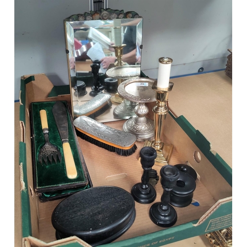 92 - A pair of silver coloured boxed fish servers, an ebonised dressing table set and a barbola mirror et... 