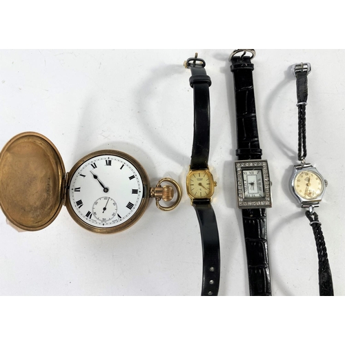 596 - A keyless gold plated Hunter pocket watch (not working) and 3 ladies wristwatches