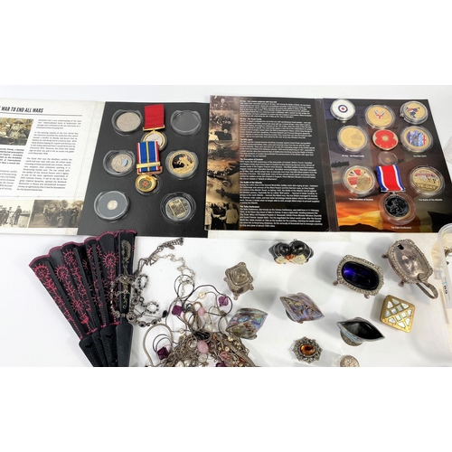 89 - A few silver coins, various medallions, costume jewellery etc