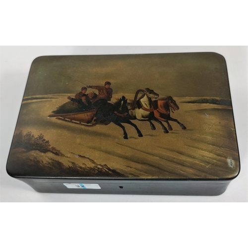 32 - A late 19th/early 20th century Russian lacquer box, the lid with troika sledge scene