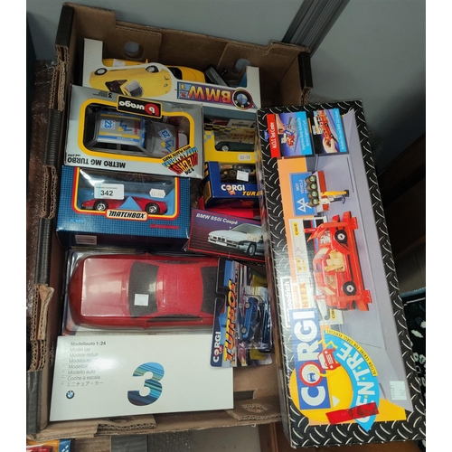 342 - A selection of originally boxed diecast cars including remote control BMW and a Corgi 