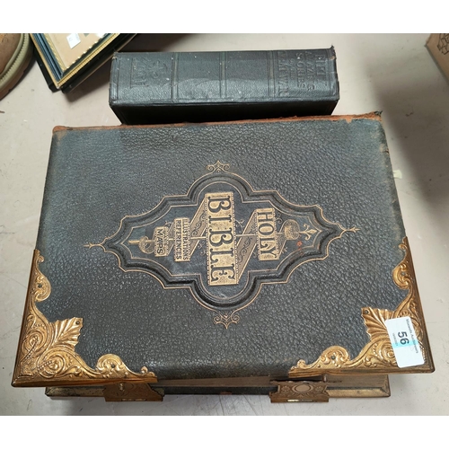 56 - A large 19th century brass bound family bible and other leather bound books; a selection of 78rpm re... 