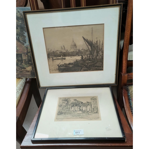611 - Charles Edward Holloway; engraving of the Thames with St Paul's in the background; Huardel Bly etchi... 