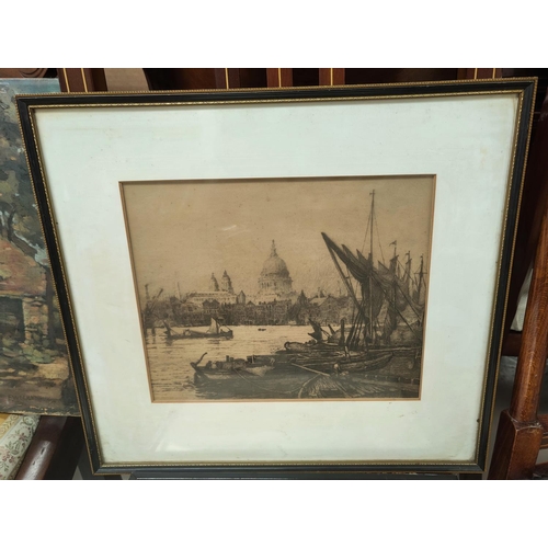 611 - Charles Edward Holloway; engraving of the Thames with St Paul's in the background; Huardel Bly etchi... 