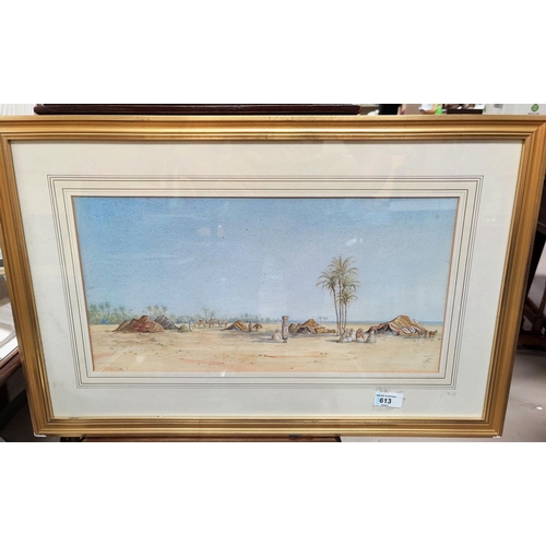 613 - A gouache of a desert scene with tents, palm trees, people carrying baskets, monogrammed A.F to the ... 