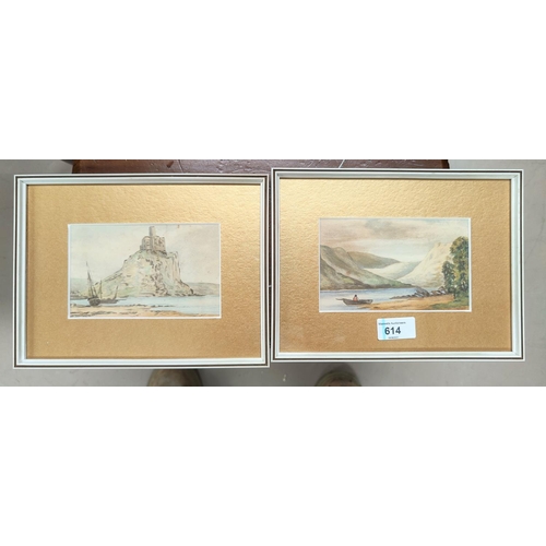 614 - G.H.Grainger: a pair of watercolours Castle overlooking a bay and a lake scene 9.5 x 15cm both frame... 