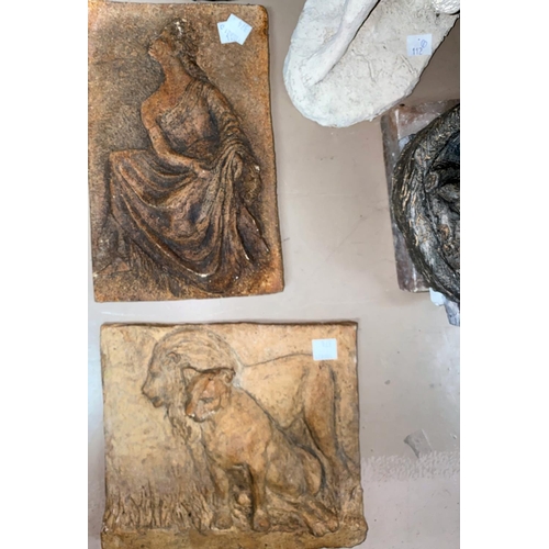 374 - D. Ainsworth: Local artist, two studio pottery plaques on slate; other plaques and other abstract wo... 