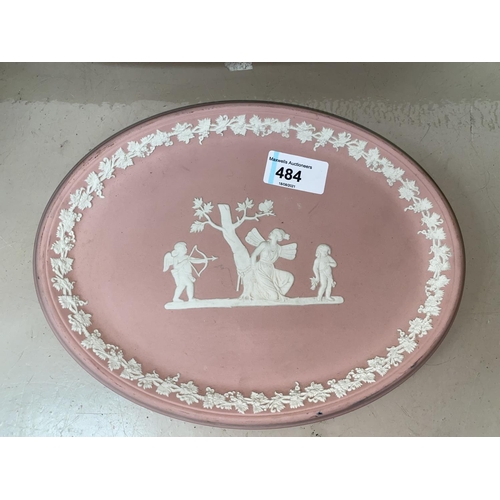 484 - A Wedgewood pink Jasperware oval dish depicting Cupid shooting winged women length 25cm, a large blu... 