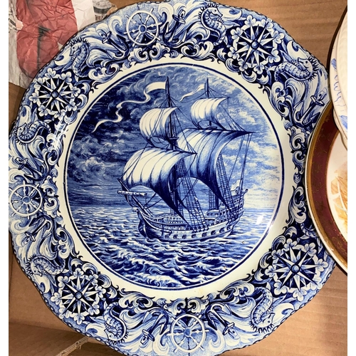 485 - A large selection of blue and white and other decorative plates, ribbon plates etc