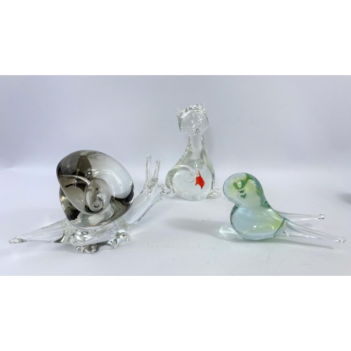 491 - A Murano style art glass cat with gold fish interior and two other similar items.