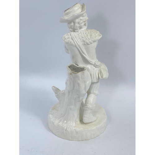 495 - A 19th century white ceramic figure of a poacher/hunter with impressed title 'Winter' to base ht 25c... 