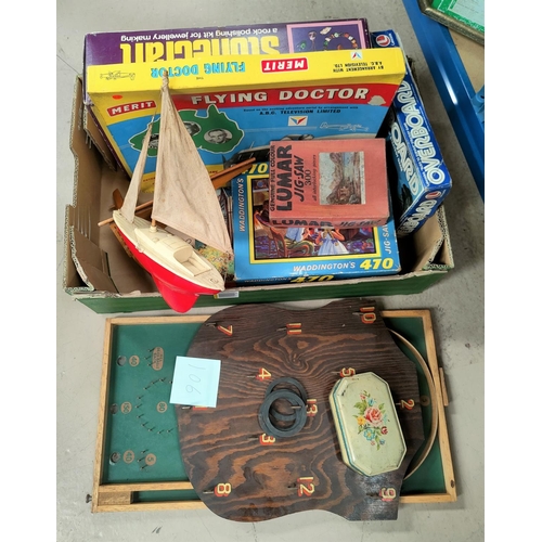 106 - A selection of vintage games and toys:  Stonecraft; Flying Doctor; bagatelle; jigsaws; yachts; etc.