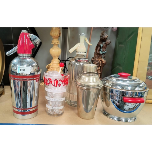 120 - A 1930's style chrome soda siphon and ice bucket; a silver plated cocktail shaker etc