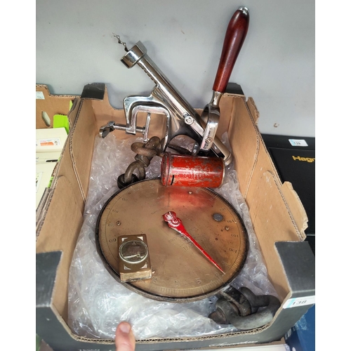 138 - A No2 OT Salters weighing scales; a large corkscrew, small post tin, a WWI Trench art brass match bo... 