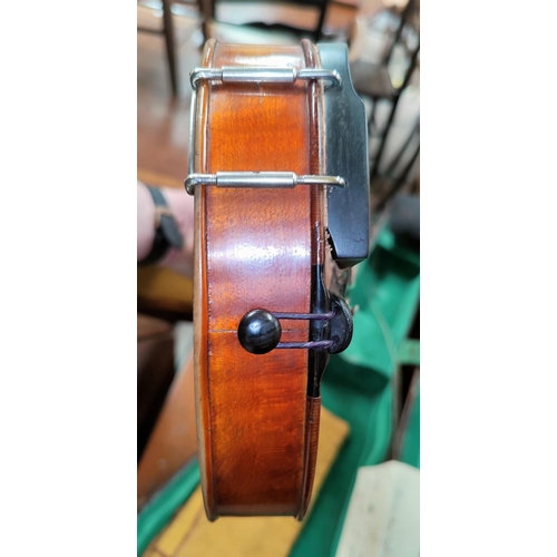 168 - An early 20th century full size violin with 2 piece back stamped STAINER, cracks noted to centre of ... 