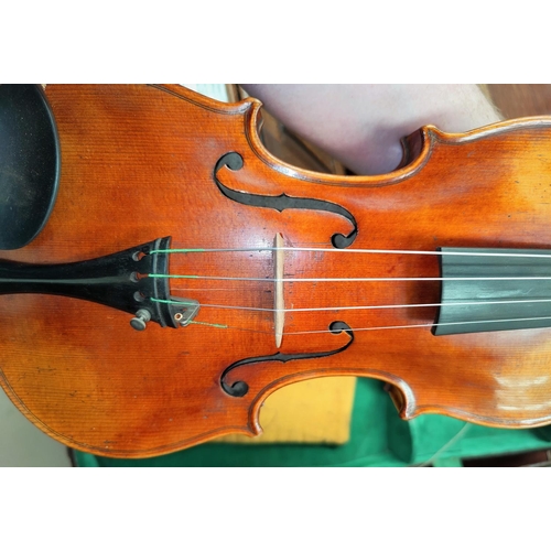 168 - An early 20th century full size violin with 2 piece back stamped STAINER, cracks noted to centre of ... 