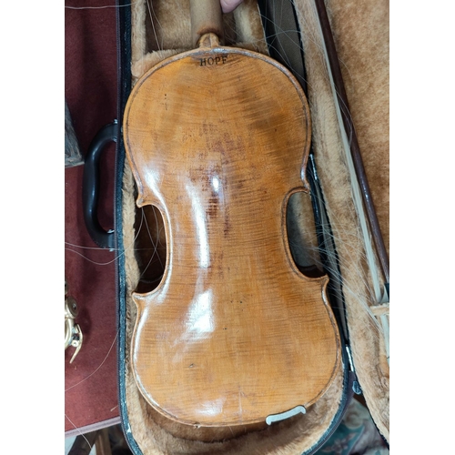 172 - A late 19th/early 20th century two piece birch back violin, marked HOPF with bow and hard case (spli... 