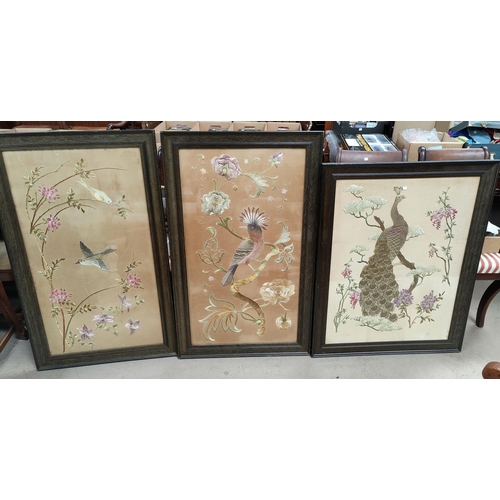 94 - Three early 20th Chinese large embroidered silk pictures, birds in trees, framed and glazed