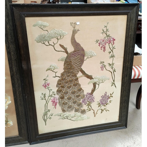 94 - Three early 20th Chinese large embroidered silk pictures, birds in trees, framed and glazed