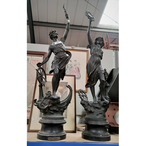 99 - A 19th century pair of bronzed spelter figures, emblematic of Trade & Industry (male arm a.f.)approx... 