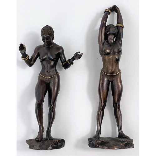 72 - Ron Cameron: Two bronze sculptures of nude females with gilt highlights signed to the base, height 1... 