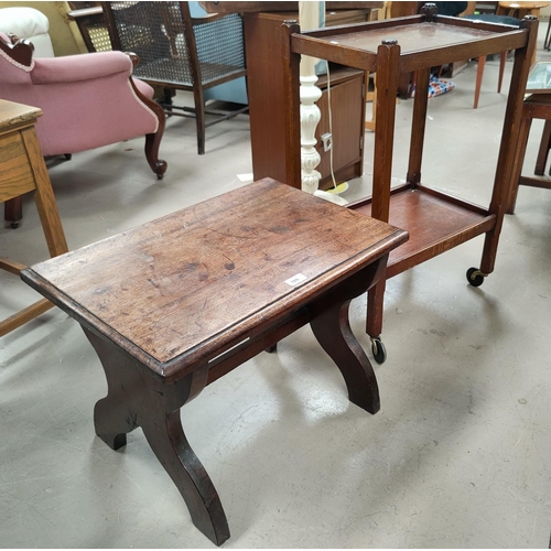 765 - An antique mahogany country made table/ single bench; An oak tea trolley