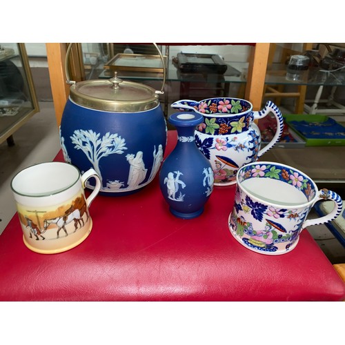 378 - A Wedgewood blue Jasperware metal lidded biscuit barrel; other Jasperware etc.