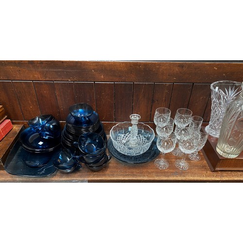 434 - A selection of glassware and drinking glasses; a blue glass dinner and tea service