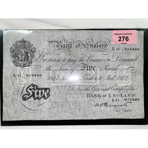 276 - GB: White £5 note, Peppiatt, L11 015480 10th June 1947