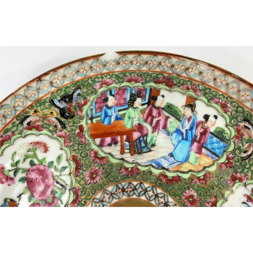 308 - 2 Chinese famille vert plates, 1 decorated with flowers and birds, the other with traditional panels... 