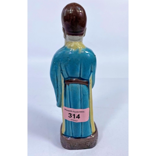 314 - A Chinese ceramic figure of a scholar in blue robes, h. 19cm (Good condition)