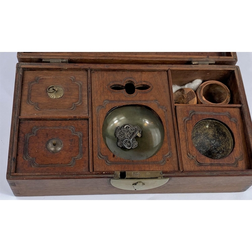 332 - A 19th century Chinese hardwood smoker's box/tray with partly fitted interior and pipe, 25 x 28 cm