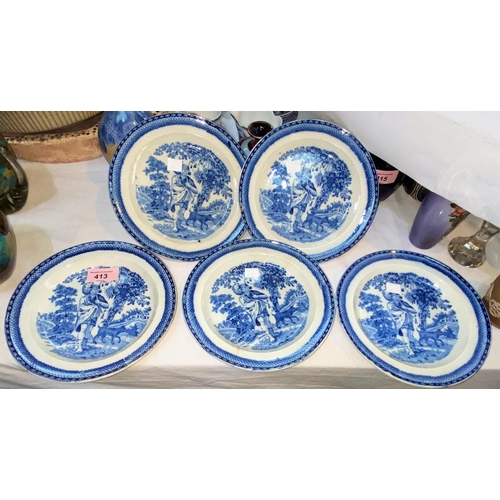413 - A 19th century English set of 5 Pearlware plates, transfer decorated with a vagabond and his dog, 19... 