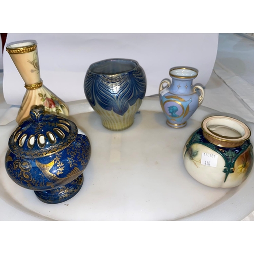 430 - Three Royal Worcester small vases (1 with rim chip); a gilt and blue lustre potpourri; an Art Glass ... 