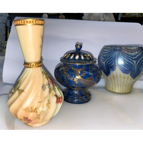 430 - Three Royal Worcester small vases (1 with rim chip); a gilt and blue lustre potpourri; an Art Glass ... 